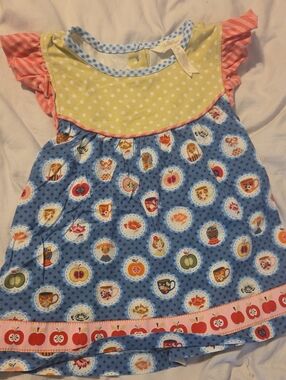 Blue Cameo Polka Dot Apple Print Girls Dress with Lime Bodice